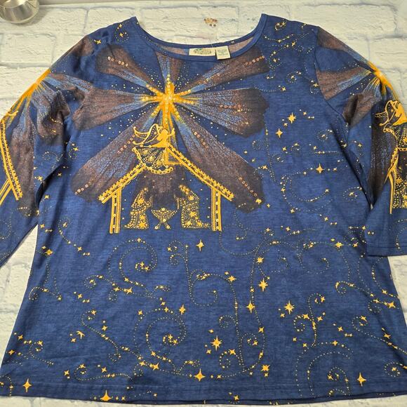 NWOT Collections Etc Top Nativity Stars Navy Long Sleeve Sequins Christmas XL - Picture 4 of 16